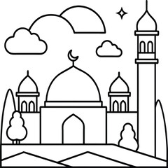 Mosque coloring pages. Outline minaret and dome mosque vector design isolated on white background