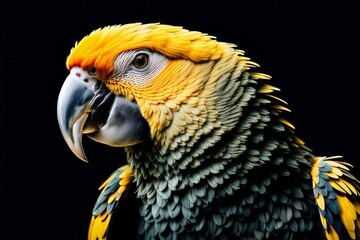 Close-up Of A Vibrant Parrot With A Black Background. The Parrot Features A Bright Yellow Head, Vivid Blue And Green Feathers, And An Intense Gaze From Its Sharp Eyes. Its Large, Curved Beak Is Promin