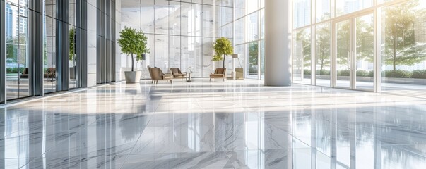 Sunlit modern office lobby with large windows, marble floors, greenery, and comfortable seating area. Ideal for business and corporate settings.