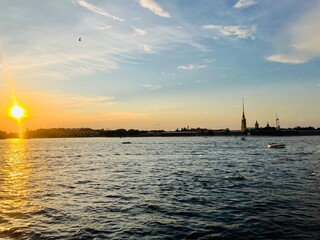 City river at the sunset time 