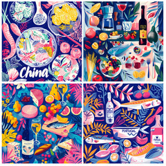 Fototapeta premium set of restaurant dish menu, France, Italy, China and Portugal illustration