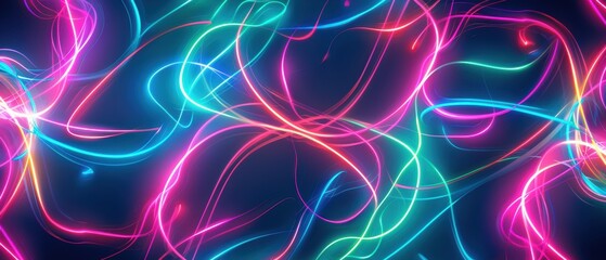 Obraz premium Vibrant abstract neon light trails creating a dynamic and colorful background with twisting and swirling patterns.