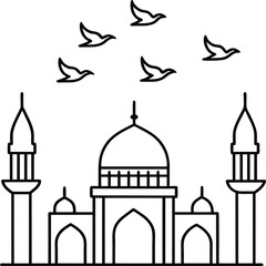 Mosque coloring pages. Outline minaret and dome mosque vector design isolated on white background
