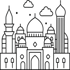 Mosque coloring pages. Outline minaret and dome mosque vector design isolated on white background