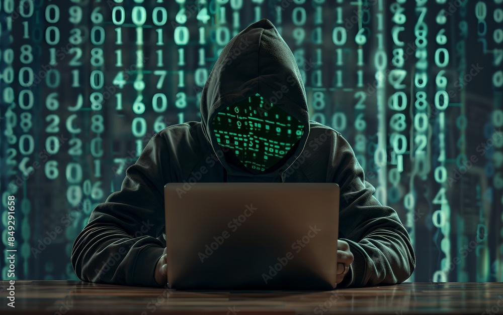 Poster hacker typing on a laptop with green binary code background. dark web, hacker attack, virus infected