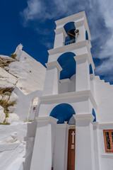 View of the whitewashed Orthodox Church of Panagia  Gremniotissa in Ios Greece
