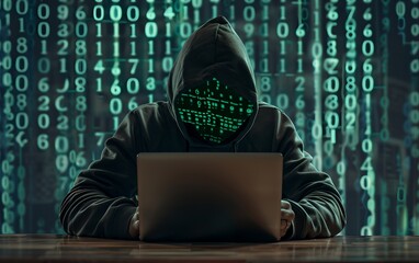 Hacker typing on a laptop with green binary code background. Dark web, hacker attack, virus infected software and cyber security concept. Data thief, internet fraud. Banner, poster