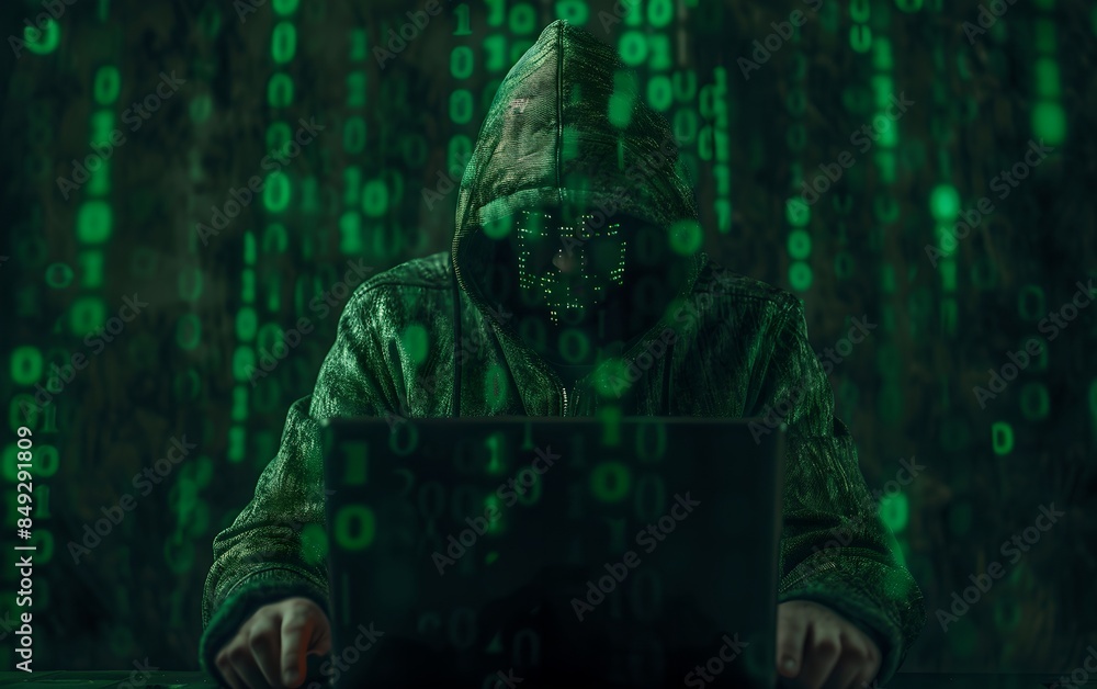 Poster hacker typing on a laptop with green binary code overlay. dark web, hacker attack, virus infected so