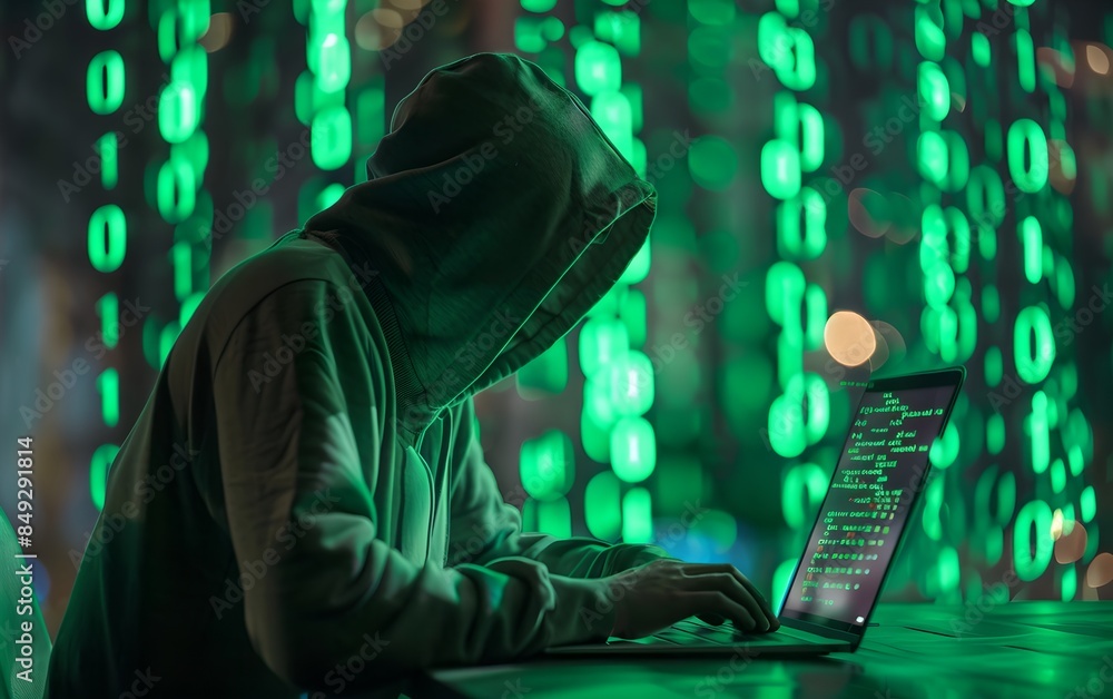 Poster hacker typing on a laptop with green binary code background. dark web, hacker attack, virus infected