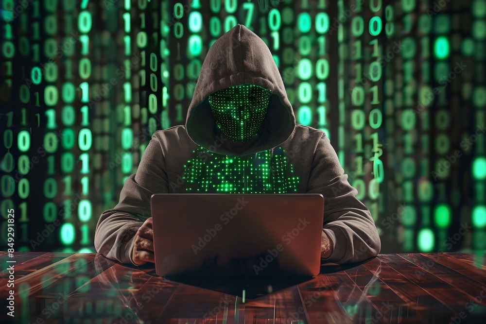 Poster hacker typing on a laptop with green binary code background. dark web, hacker attack, virus infected