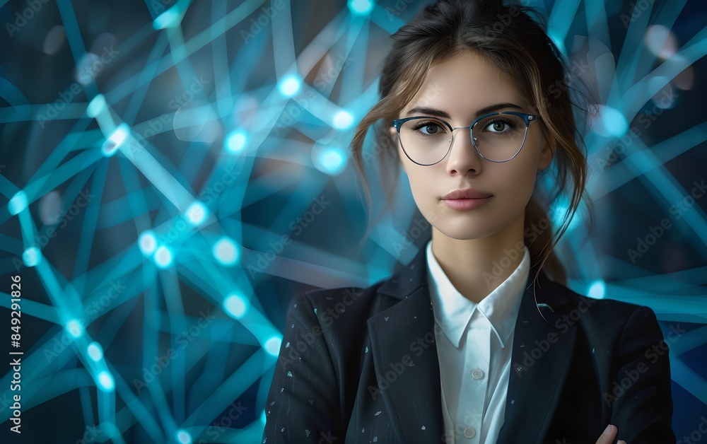 Poster businesswoman with digital network background. cybersecurity and programming concept. advanced softw