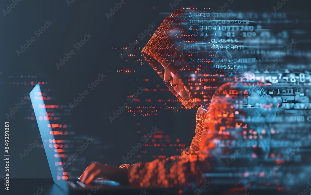 Poster Hacker typing on laptop with binary code overlay. Digital glitch. Dark web, hacker attack, virus infected software and cyber security concept. Data thief, internet fraud. 