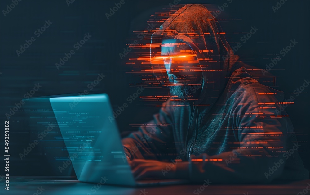 Poster hacker typing on laptop with digital glitch overlay. dark web, hacker attack, virus infected softwar