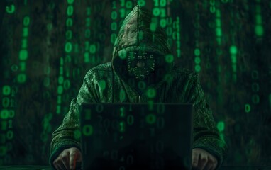 Hacker typing on a laptop with green binary code overlay. Dark web, hacker attack, virus infected software and cyber security concept. Data thief, internet fraud. Banner, poster