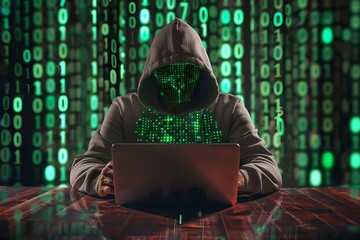 Hacker typing on a laptop with green binary code background. Dark web, hacker attack, virus infected software and cyber security concept. Data thief, internet fraud. Banner, poster