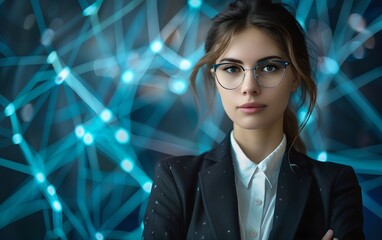 Businesswoman with digital network background. Cybersecurity and programming concept. Advanced software development. Innovative digital technology and network protection. Banner with copy space