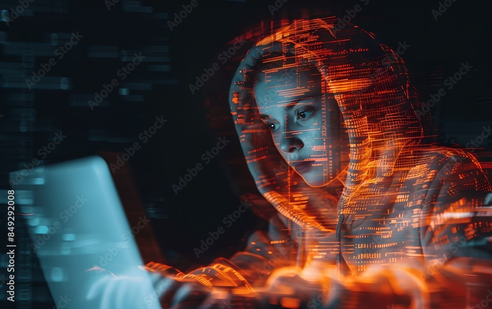 Poster woman hacker working on laptop with digital code overlay. cybersecurity and programming concept. adv