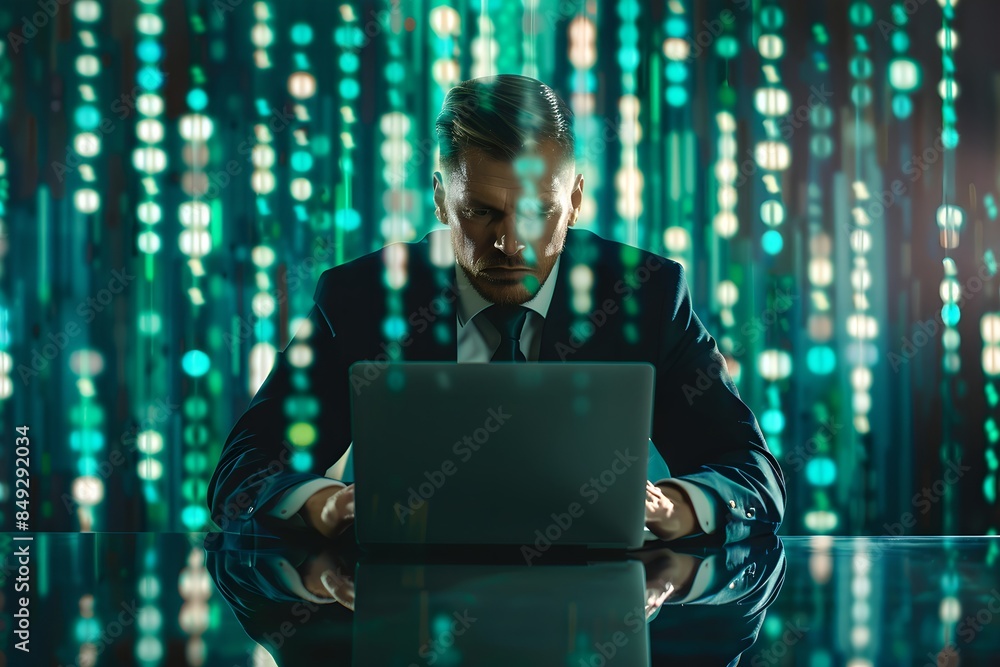 Poster businessman working on laptop with digital code overlay. cybersecurity and programming concept. adva