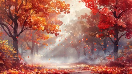 A serene autumn forest scene with vibrant red and orange leaves falling gently, creating a picturesque and tranquil atmosphere.