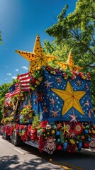 Obraz premium Colorful parade float decorated with stars, flowers, and American flags, moving down a sunny street with blue skies and trees in the background.