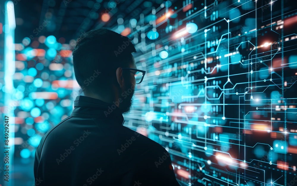 Poster man cybersecurity expert with digital network background. cyber security and programming concept. ad