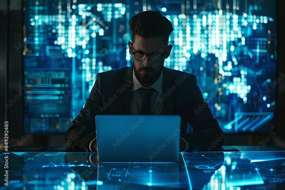 Poster businessman working on laptop with digital network background. cybersecurity and programming concept