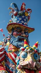 Fototapeta premium Colorful, whimsical statue featuring detailed craftsmanship and jubilant design, perfect for carnival and festive celebrations.