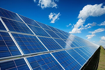 Blue Solar Panels Under Bright Sunlight and Clear Blue Sky