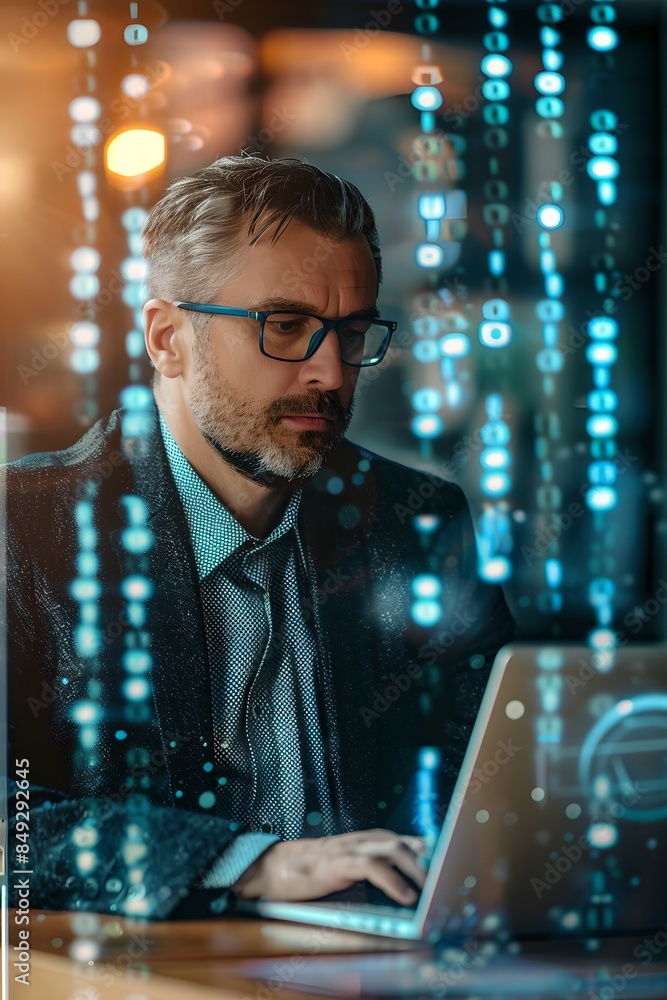 Aufkleber businessman working on laptop with digital code overlay. cybersecurity and programming concept. adva