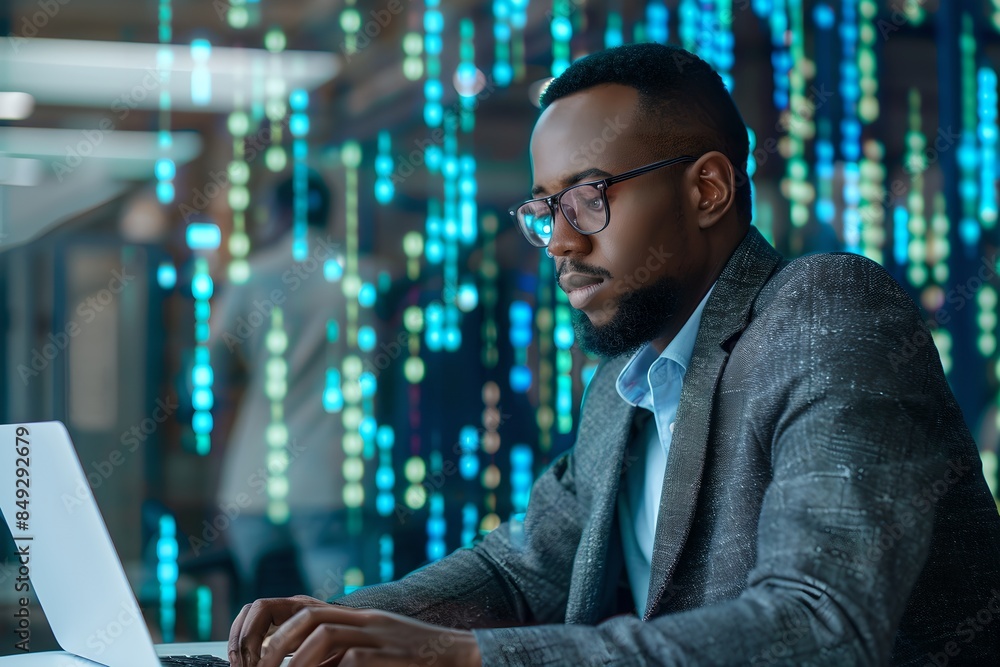 Poster african american businessman working on laptop with digital code background. cybersecurity and progr