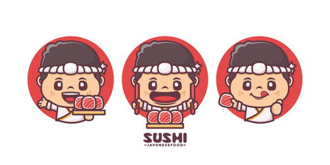 sushi chef cartoon mascot, with different poses and expressions, vector illustration for culinary industry