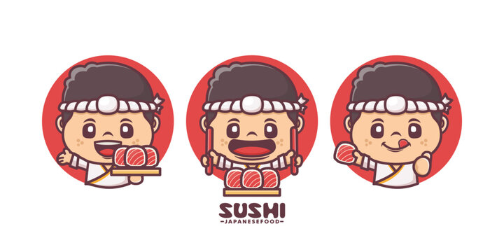 sushi chef cartoon mascot, with different poses and expressions, vector illustration for culinary industry