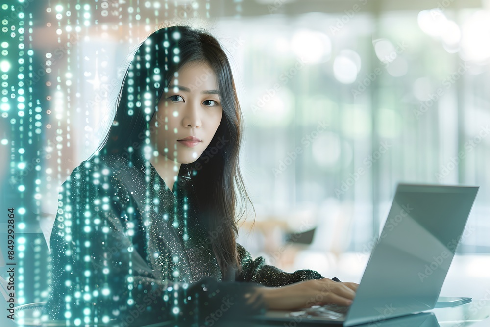 Poster Asian woman programmer working on laptop with digital code overlay in modern office. Cybersecurity and programming concept. Advanced software development. Digital technology and network protection