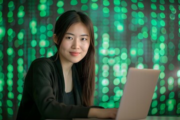 Asian woman programmer working on laptop with green digital code background. Cybersecurity and programming concept. Advanced software development. Digital technology and network protection