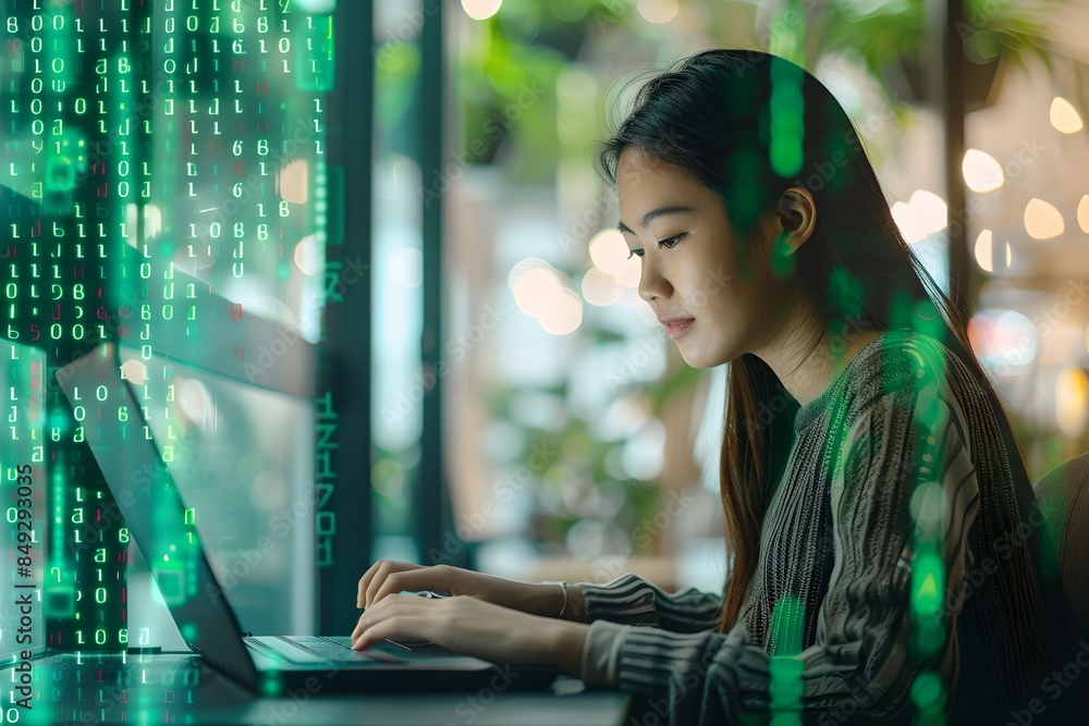 Poster Asian woman programmer working on laptop with digital code overlay. Cybersecurity and programming concept. Advanced software development. Innovative digital technology and network protection