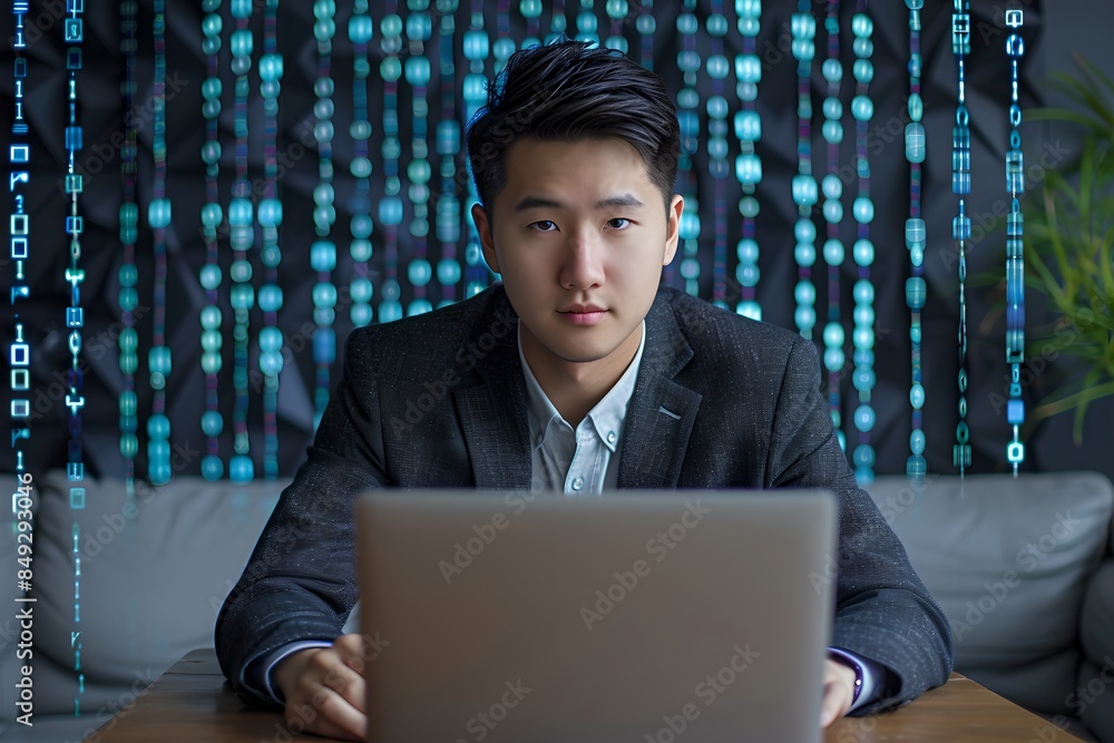 Poster asian businessman working on laptop with digital code background. cybersecurity and programming conc