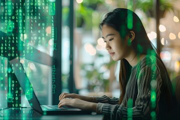 Asian woman programmer working on laptop with digital code overlay. Cybersecurity and programming concept. Advanced software development. Innovative digital technology and network protection