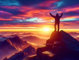 A climber who has conquered the top of the mountain is facing the dawn. An optimistic, life-affirming illustration of achieving goals.