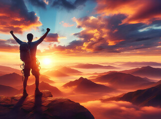 A climber who has conquered the top of the mountain is facing the dawn. An optimistic, life-affirming illustration of achieving goals.