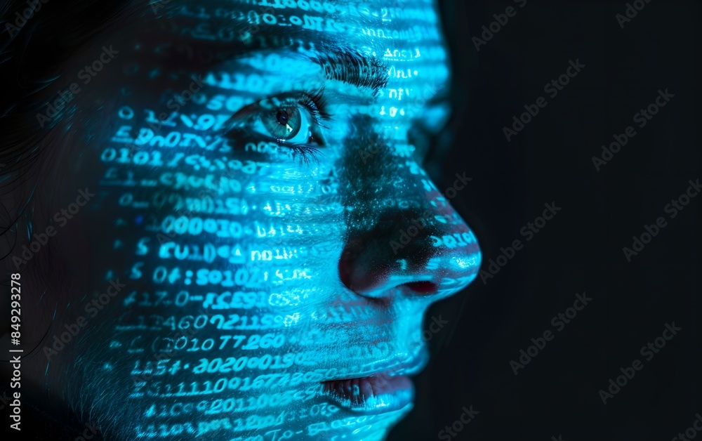 Poster Close-up of woman programmer with digital binary code reflection in glasses. Cybersecurity and programming concept. Advanced software development. Innovative digital technology and network protection
