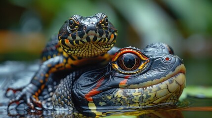 Obraz premium Close-up of a Turtle and a Caiman in the Water