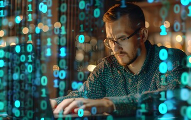 Man programmer working on laptop with digital code overlay. Cybersecurity and programming concept. Advanced software development. Innovative digital technology and network protection