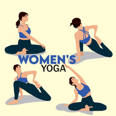 Obraz premium Set vector women yoga. Seated warm-up exercises for women, body goals, women's leggings. flat color