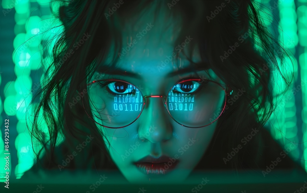 Poster asian female hacker at laptop with digital binary code background. dark web, hacker attack, virus in