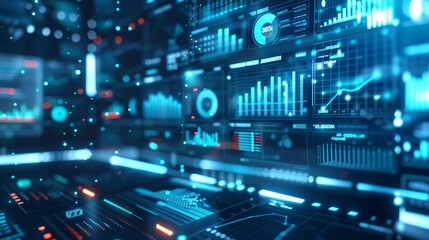 Fototapeta premium A futuristic abstract data visualization background featuring holographic charts and graphs floating in a digital space, conveying complex data in a visually 