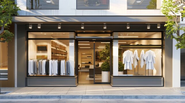 Modern Dry Cleaning Shop Facade with Large Windows Displaying Neatly Hung Clothes for Design Inspiration