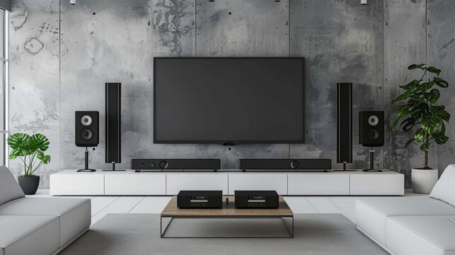 A modern living room setup with a sleek soundbar and speakers placed around a flat-screen TV, creating a home theater ambiance