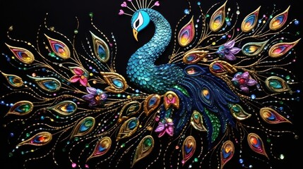Obraz premium Capture the regal beauty of a peacock in full display with a captivating stock photo showcasing a handcrafted portrait, intricately embellished with a colorful rhinestone pattern.
