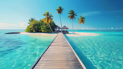 Fototapeta premium Tropical island with palm trees, crystal clear blue water, and a wooden pier extending into the ocean under a bright blue sky. Paradise vacation.