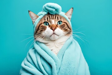 A Ginger Cat Wearing A Blue Towel Around Its Body And A Blue Towel On Its Head Like A Turban, Curious And Attentive. It Is Standing On A Blue Background. The Cat Is Clean And Well-groomed, And The Tow